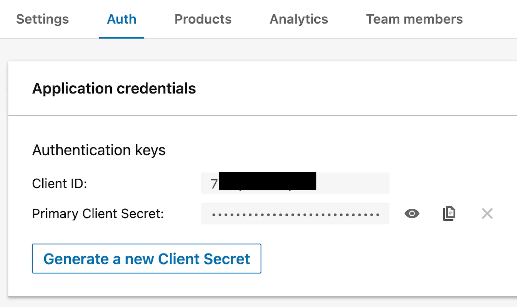 LinkedIn account settings where you will copy the Client ID and Client Secret